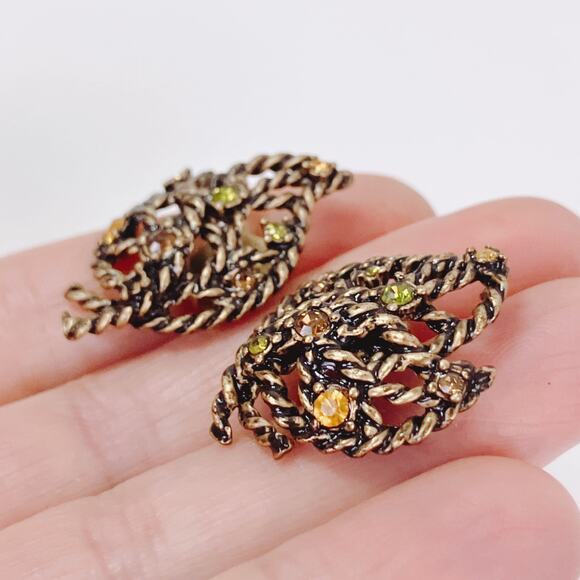 Vintage Signed Avon Gold Tone Leaf Rhinestone Earrings 1970s Autumn Fall Pin - Picture 5 of 9